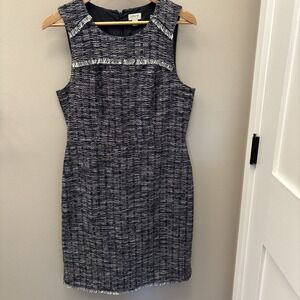 J.Crew Tweed Sheath Dress Navy White Sleeveless Lined Metallic Fringe 10